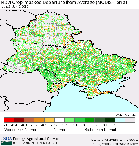 Ukraine, Moldova and Belarus Cropland NDVI Departure from Average (Terra-MODIS) Thematic Map For 6/1/2019 - 6/10/2019
