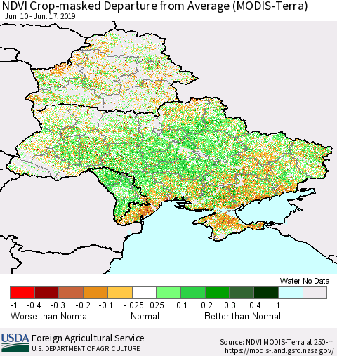Ukraine, Moldova and Belarus Cropland NDVI Departure from Average (Terra-MODIS) Thematic Map For 6/11/2019 - 6/20/2019