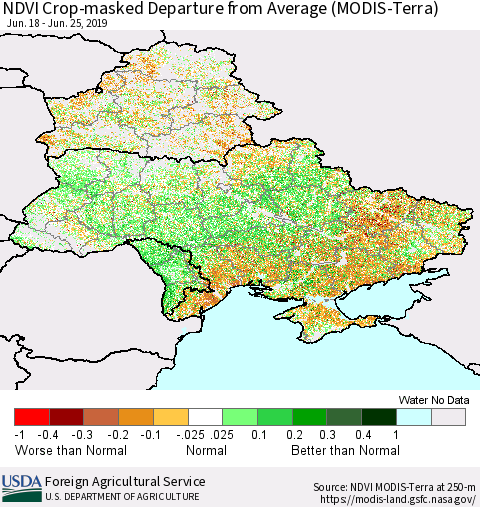 Ukraine, Moldova and Belarus Cropland NDVI Departure from Average (Terra-MODIS) Thematic Map For 6/21/2019 - 6/30/2019