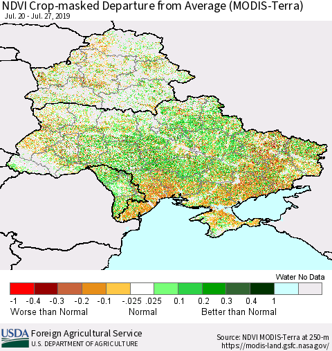 Ukraine, Moldova and Belarus Cropland NDVI Departure from Average (Terra-MODIS) Thematic Map For 7/21/2019 - 7/31/2019