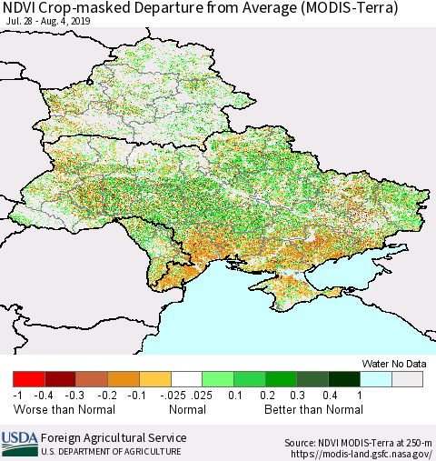 Ukraine, Moldova and Belarus Cropland NDVI Departure from Average (Terra-MODIS) Thematic Map For 8/1/2019 - 8/10/2019