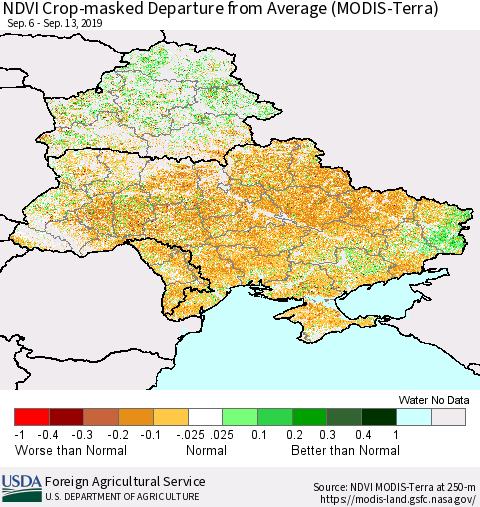 Ukraine, Moldova and Belarus Cropland NDVI Departure from Average (Terra-MODIS) Thematic Map For 9/11/2019 - 9/20/2019