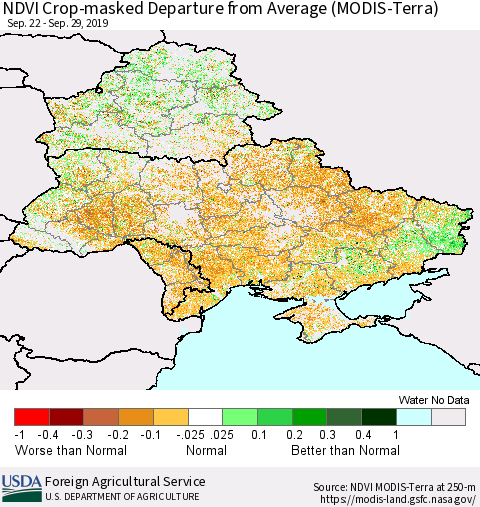 Ukraine, Moldova and Belarus Cropland NDVI Departure from Average (Terra-MODIS) Thematic Map For 9/21/2019 - 9/30/2019