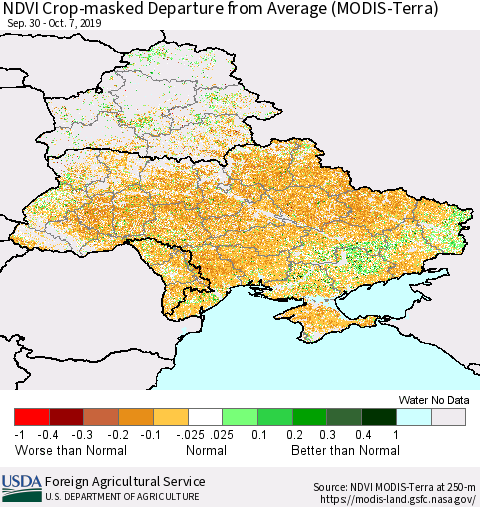 Ukraine, Moldova and Belarus Cropland NDVI Departure from Average (Terra-MODIS) Thematic Map For 10/1/2019 - 10/10/2019
