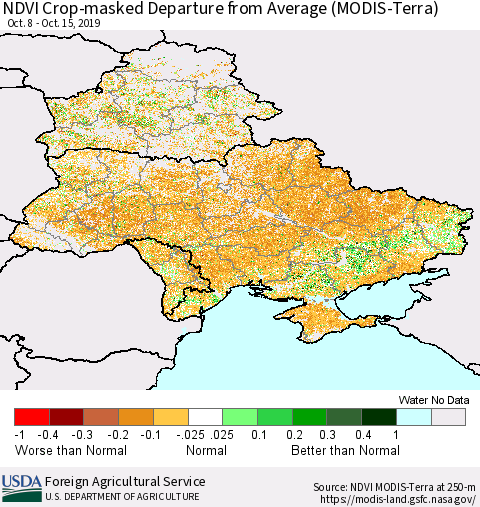Ukraine, Moldova and Belarus Cropland NDVI Departure from Average (Terra-MODIS) Thematic Map For 10/11/2019 - 10/20/2019
