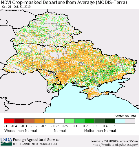 Ukraine, Moldova and Belarus Cropland NDVI Departure from Average (Terra-MODIS) Thematic Map For 10/21/2019 - 10/31/2019