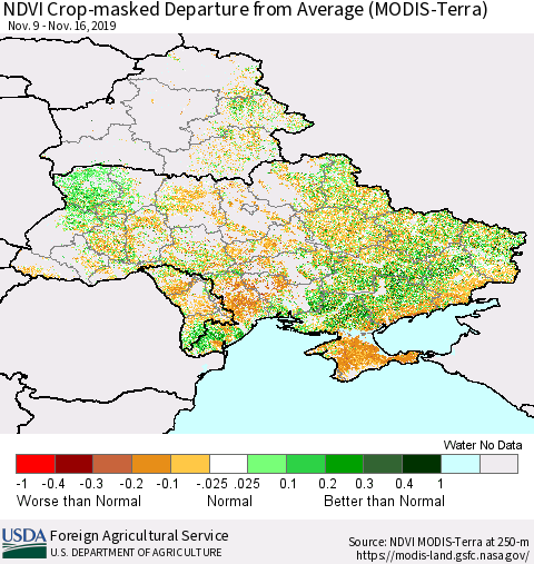 Ukraine, Moldova and Belarus Cropland NDVI Departure from Average (Terra-MODIS) Thematic Map For 11/11/2019 - 11/20/2019
