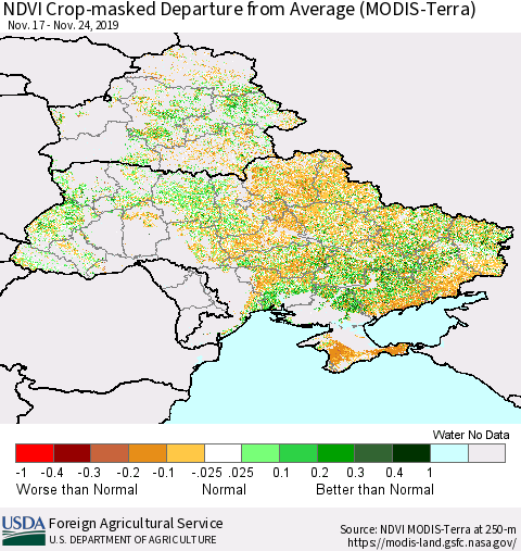 Ukraine, Moldova and Belarus Cropland NDVI Departure from Average (Terra-MODIS) Thematic Map For 11/21/2019 - 11/30/2019