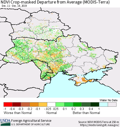 Ukraine, Moldova and Belarus Cropland NDVI Departure from Average (Terra-MODIS) Thematic Map For 12/11/2019 - 12/20/2019