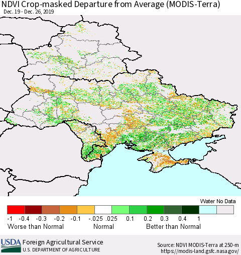 Ukraine, Moldova and Belarus Cropland NDVI Departure from Average (Terra-MODIS) Thematic Map For 12/21/2019 - 12/31/2019
