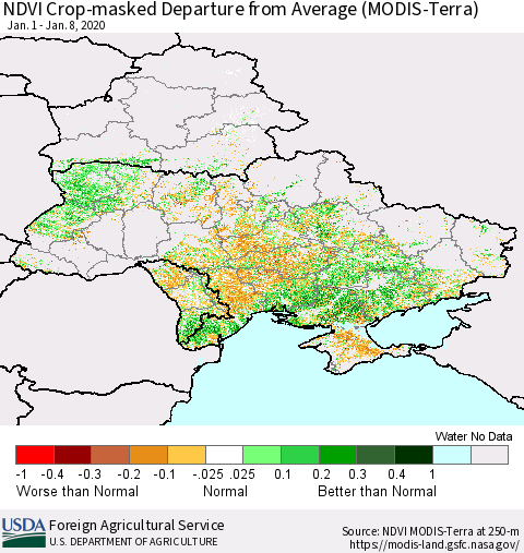 Ukraine, Moldova and Belarus Cropland NDVI Departure from Average (Terra-MODIS) Thematic Map For 1/1/2020 - 1/10/2020