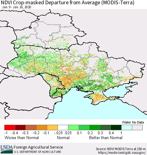 Ukraine, Moldova and Belarus Cropland NDVI Departure from Average (Terra-MODIS) Thematic Map For 1/11/2020 - 1/20/2020