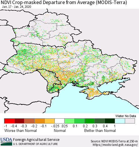 Ukraine, Moldova and Belarus Cropland NDVI Departure from Average (Terra-MODIS) Thematic Map For 1/21/2020 - 1/31/2020
