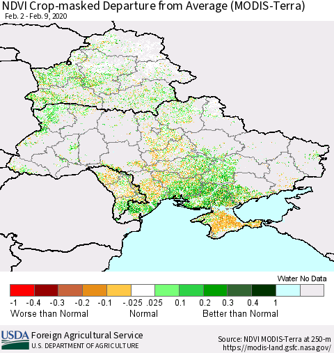 Ukraine, Moldova and Belarus Cropland NDVI Departure from Average (Terra-MODIS) Thematic Map For 2/1/2020 - 2/10/2020