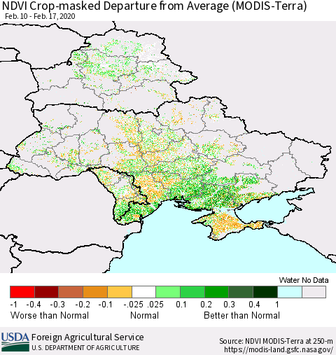 Ukraine, Moldova and Belarus Cropland NDVI Departure from Average (Terra-MODIS) Thematic Map For 2/11/2020 - 2/20/2020