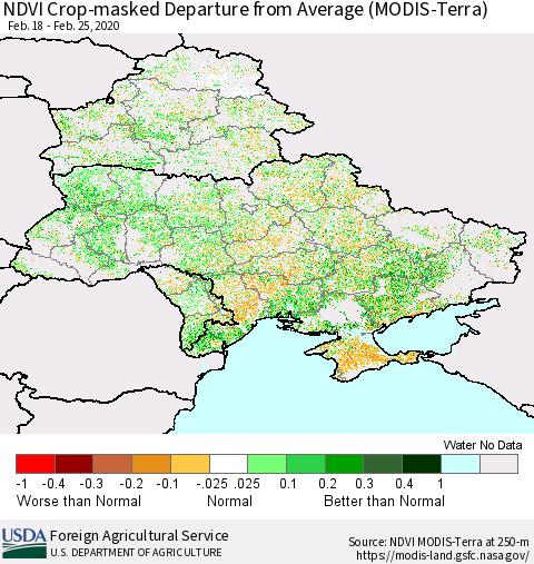 Ukraine, Moldova and Belarus Cropland NDVI Departure from Average (Terra-MODIS) Thematic Map For 2/21/2020 - 2/29/2020