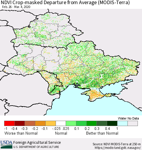 Ukraine, Moldova and Belarus Cropland NDVI Departure from Average (Terra-MODIS) Thematic Map For 3/1/2020 - 3/10/2020