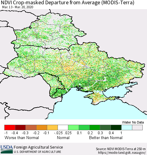Ukraine, Moldova and Belarus Cropland NDVI Departure from Average (Terra-MODIS) Thematic Map For 3/11/2020 - 3/20/2020