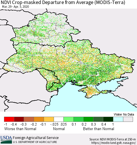 Ukraine, Moldova and Belarus Cropland NDVI Departure from Average (Terra-MODIS) Thematic Map For 4/1/2020 - 4/10/2020