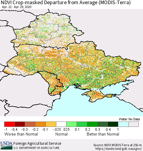 Ukraine, Moldova and Belarus Cropland NDVI Departure from Average (Terra-MODIS) Thematic Map For 4/21/2020 - 4/30/2020