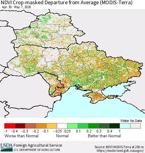 Ukraine, Moldova and Belarus Cropland NDVI Departure from Average (Terra-MODIS) Thematic Map For 5/1/2020 - 5/10/2020