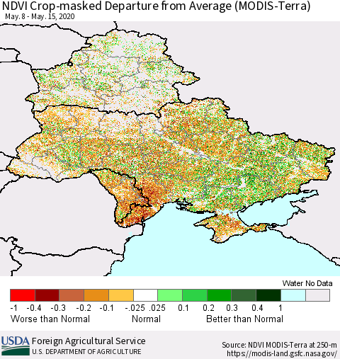Ukraine, Moldova and Belarus Cropland NDVI Departure from Average (Terra-MODIS) Thematic Map For 5/11/2020 - 5/20/2020