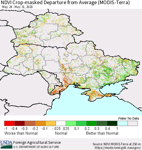 Ukraine, Moldova and Belarus Cropland NDVI Departure from Average (Terra-MODIS) Thematic Map For 5/21/2020 - 5/31/2020