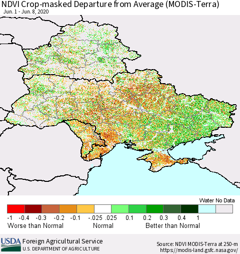 Ukraine, Moldova and Belarus Cropland NDVI Departure from Average (Terra-MODIS) Thematic Map For 6/1/2020 - 6/10/2020
