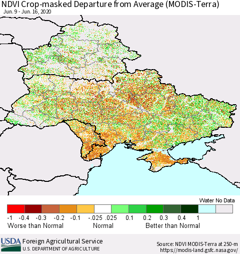 Ukraine, Moldova and Belarus Cropland NDVI Departure from Average (Terra-MODIS) Thematic Map For 6/11/2020 - 6/20/2020