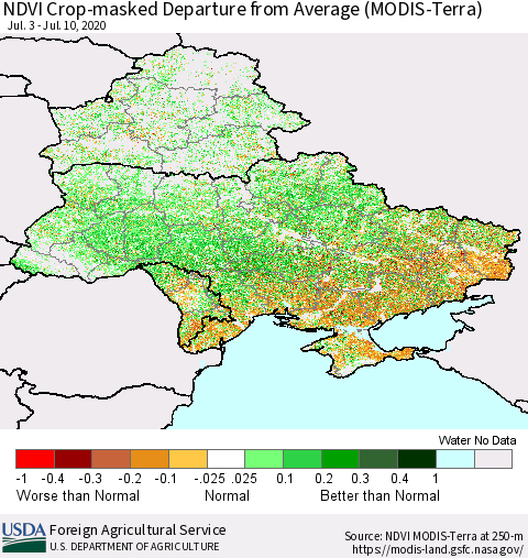 Ukraine, Moldova and Belarus Cropland NDVI Departure from Average (Terra-MODIS) Thematic Map For 7/1/2020 - 7/10/2020