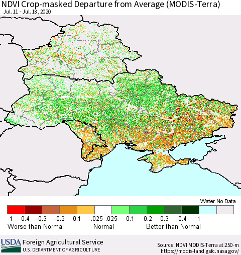 Ukraine, Moldova and Belarus Cropland NDVI Departure from Average (Terra-MODIS) Thematic Map For 7/11/2020 - 7/20/2020