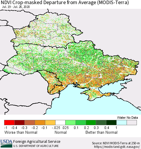 Ukraine, Moldova and Belarus Cropland NDVI Departure from Average (Terra-MODIS) Thematic Map For 7/21/2020 - 7/31/2020