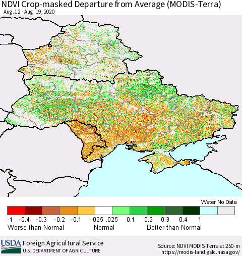Ukraine, Moldova and Belarus Cropland NDVI Departure from Average (Terra-MODIS) Thematic Map For 8/11/2020 - 8/20/2020