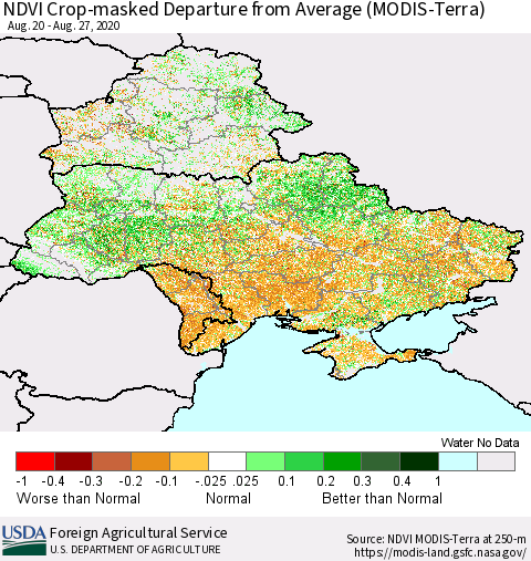 Ukraine, Moldova and Belarus Cropland NDVI Departure from Average (Terra-MODIS) Thematic Map For 8/21/2020 - 8/31/2020