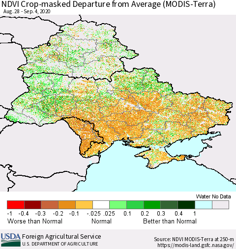 Ukraine, Moldova and Belarus Cropland NDVI Departure from Average (Terra-MODIS) Thematic Map For 9/1/2020 - 9/10/2020