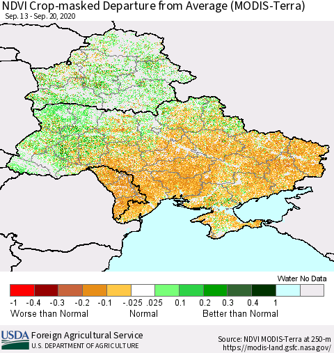 Ukraine, Moldova and Belarus Cropland NDVI Departure from Average (Terra-MODIS) Thematic Map For 9/11/2020 - 9/20/2020
