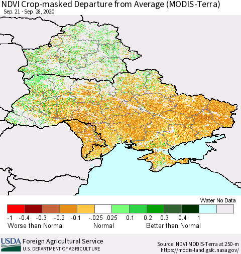 Ukraine, Moldova and Belarus Cropland NDVI Departure from Average (Terra-MODIS) Thematic Map For 9/21/2020 - 9/30/2020