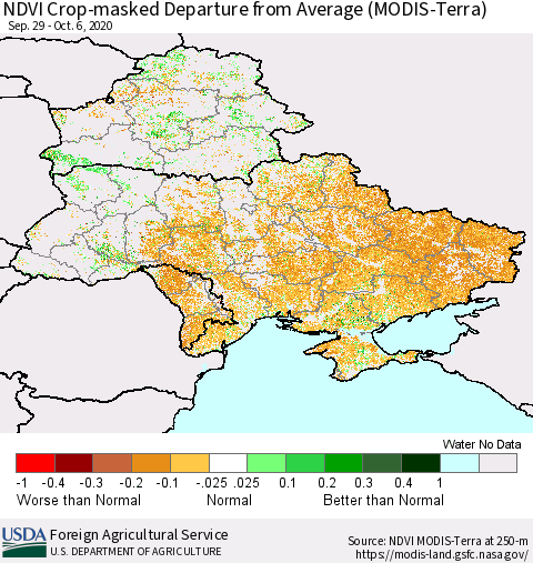 Ukraine, Moldova and Belarus Cropland NDVI Departure from Average (Terra-MODIS) Thematic Map For 10/1/2020 - 10/10/2020