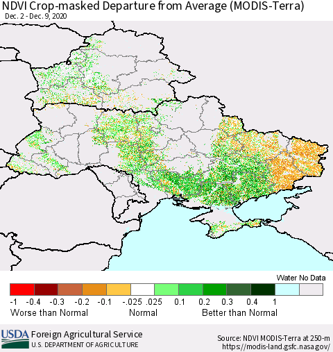 Ukraine, Moldova and Belarus Cropland NDVI Departure from Average (Terra-MODIS) Thematic Map For 12/1/2020 - 12/10/2020