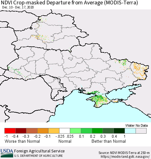Ukraine, Moldova and Belarus Cropland NDVI Departure from Average (Terra-MODIS) Thematic Map For 12/11/2020 - 12/20/2020