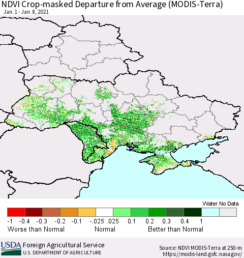 Ukraine, Moldova and Belarus Cropland NDVI Departure from Average (Terra-MODIS) Thematic Map For 1/1/2021 - 1/10/2021