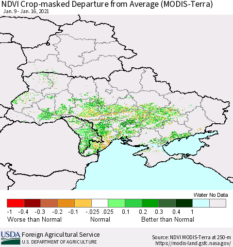 Ukraine, Moldova and Belarus Cropland NDVI Departure from Average (Terra-MODIS) Thematic Map For 1/11/2021 - 1/20/2021