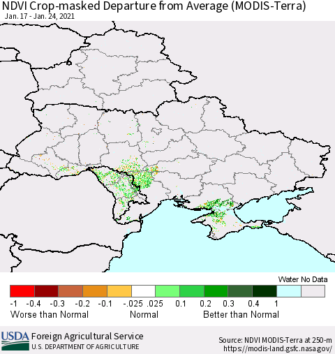 Ukraine, Moldova and Belarus Cropland NDVI Departure from Average (Terra-MODIS) Thematic Map For 1/21/2021 - 1/31/2021