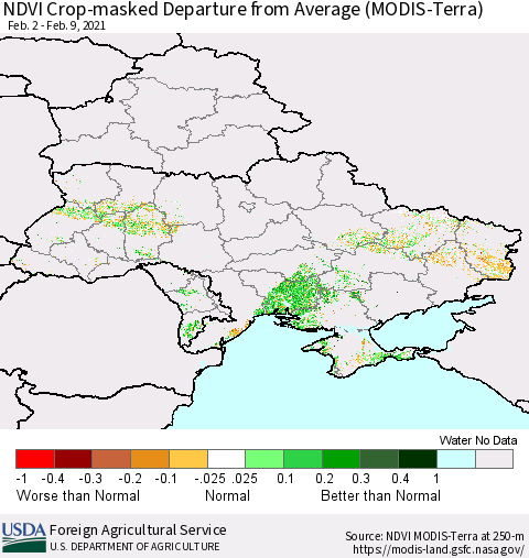 Ukraine, Moldova and Belarus Cropland NDVI Departure from Average (Terra-MODIS) Thematic Map For 2/1/2021 - 2/10/2021