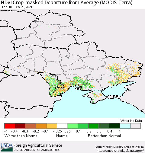 Ukraine, Moldova and Belarus Cropland NDVI Departure from Average (Terra-MODIS) Thematic Map For 2/21/2021 - 2/28/2021