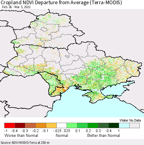 Ukraine, Moldova and Belarus Cropland NDVI Departure from Average (Terra-MODIS) Thematic Map For 2/26/2021 - 3/5/2021
