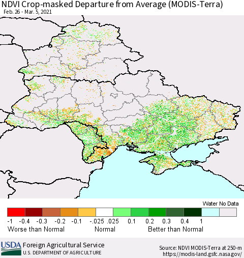 Ukraine, Moldova and Belarus Cropland NDVI Departure from Average (Terra-MODIS) Thematic Map For 3/1/2021 - 3/10/2021