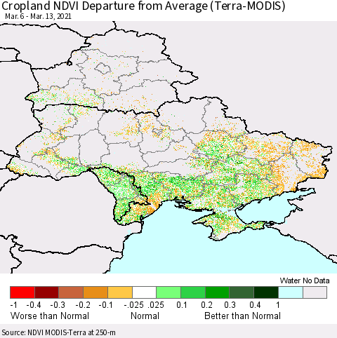 Ukraine, Moldova and Belarus Cropland NDVI Departure from Average (Terra-MODIS) Thematic Map For 3/6/2021 - 3/13/2021