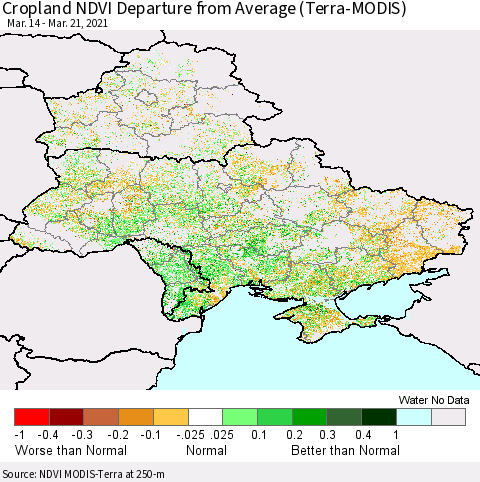 Ukraine, Moldova and Belarus Cropland NDVI Departure from Average (Terra-MODIS) Thematic Map For 3/14/2021 - 3/21/2021