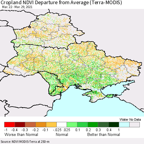 Ukraine, Moldova and Belarus Cropland NDVI Departure from Average (Terra-MODIS) Thematic Map For 3/22/2021 - 3/29/2021